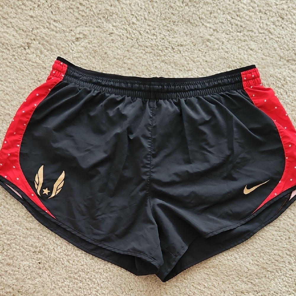 Nike USA Track & Field Women's Black and Red Athletic Shorts with Gold Accents